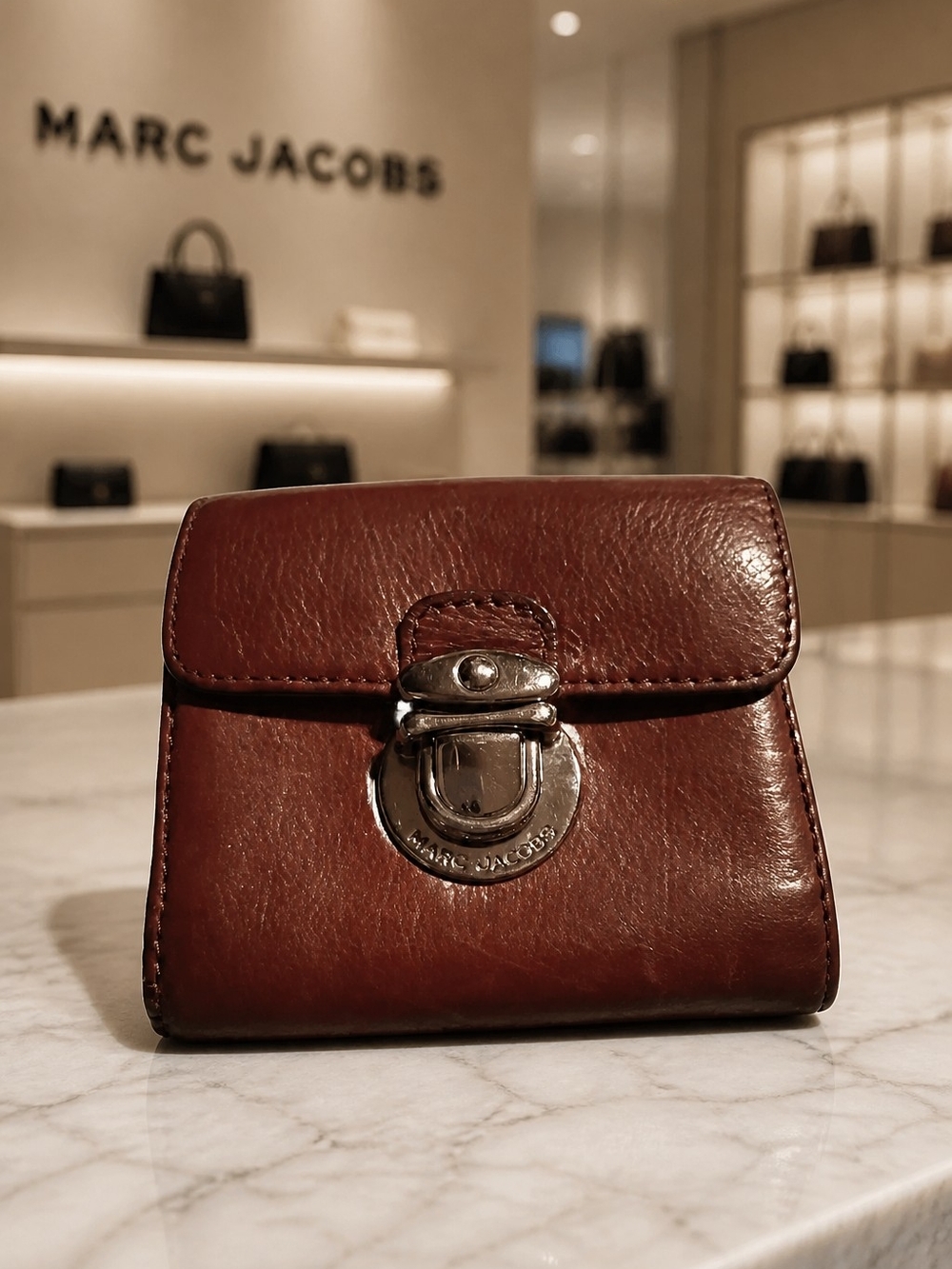 Marc Jacobs Brown Leather Small Fold Wallet with Silver Lock